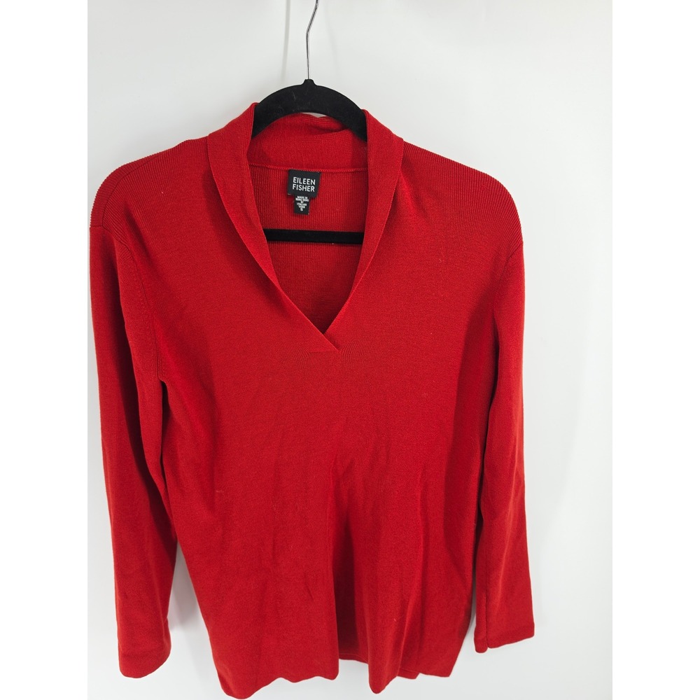 Eileen Fisher Red 100% Wool Italian Yarn Split Shawl Neck Sweater Small